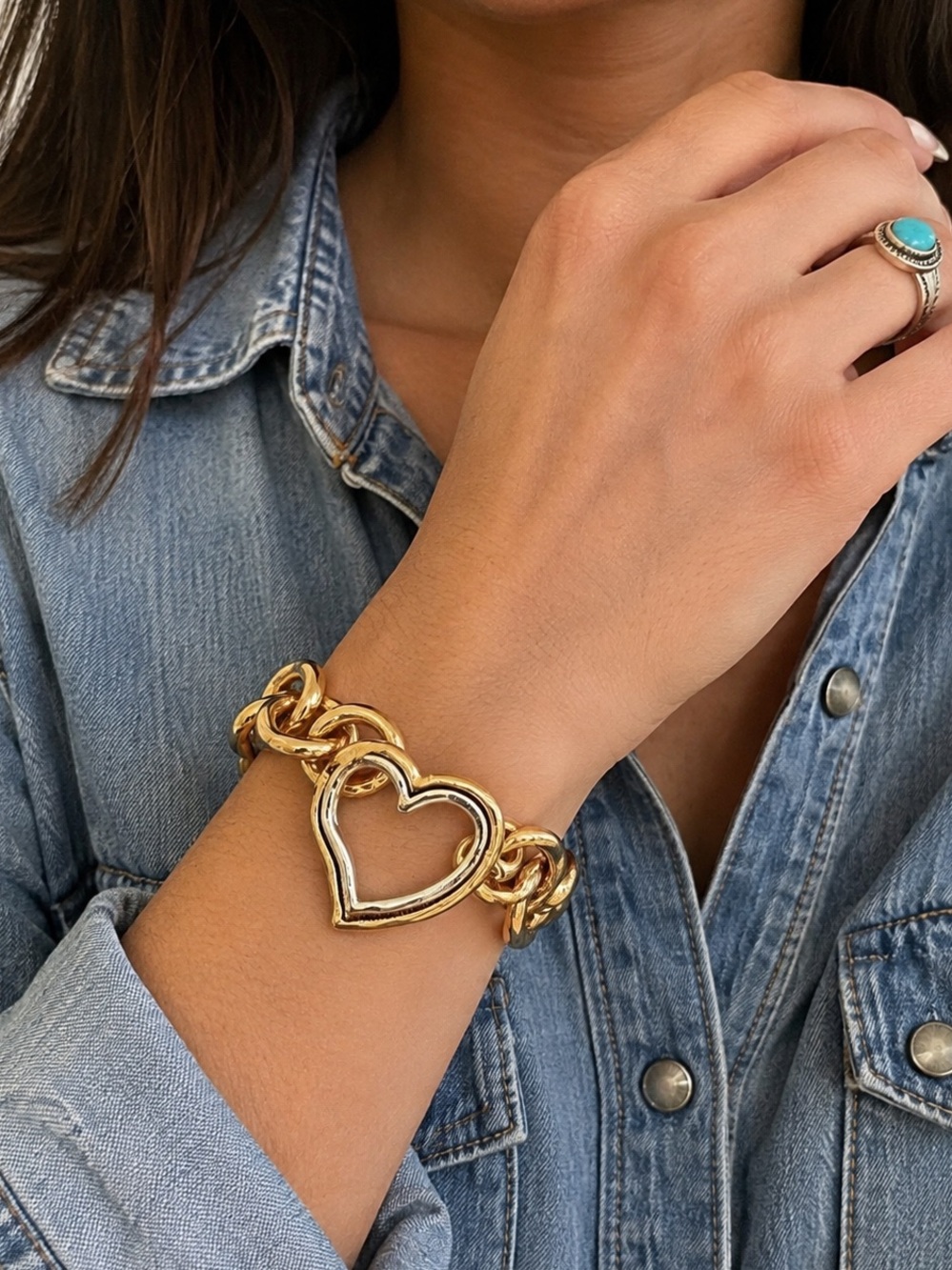 Pomina Two-Tone Chunky Heart Link Bracelet (BR-1212/5)